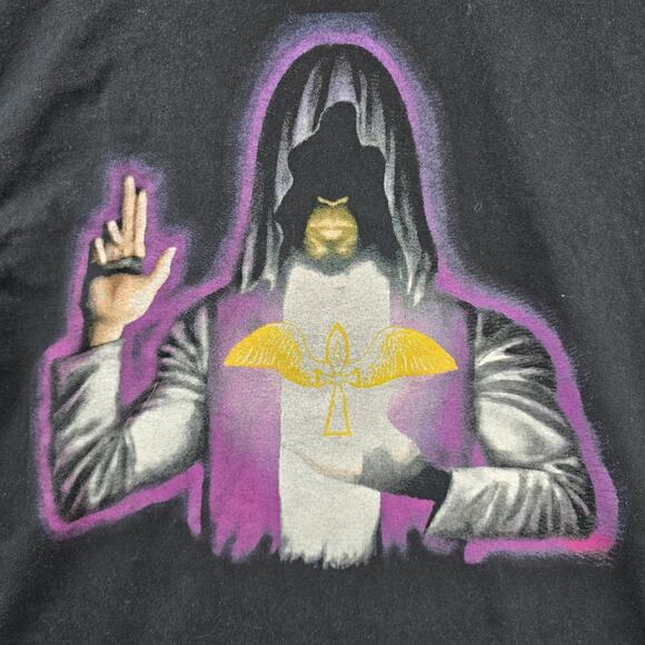 Vintage Fallen Angel Shirt Mens Medium Black Y2K Hooded Prince Goth Cross Wings - Picture 3 of 8